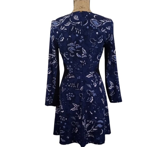 Thakoon Navy Mixed Media Bandana Print Long Sleeve Fit & Flare Dress Size 4 - Picture 3 of 8